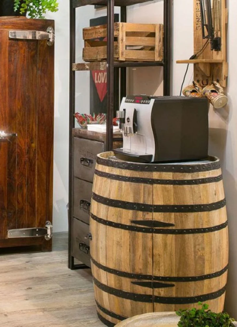 Casa Padrino Bar Schrank Weinschrank Bartisch aus Mango Massivholz - Holzfaß Weinfaß Faßmöbel - Höhe 90 cm, Durchmesser 70 cm
