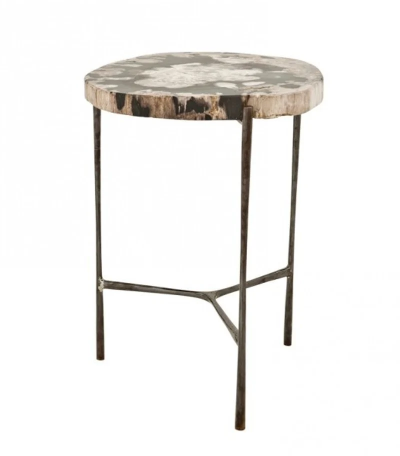 Casa Padrino Luxus Art Deco Designer Beistelltisch aus Gusseisen und versteinertem Holz, schwarz Nickel, 46 x 42 x H. 59 cm
