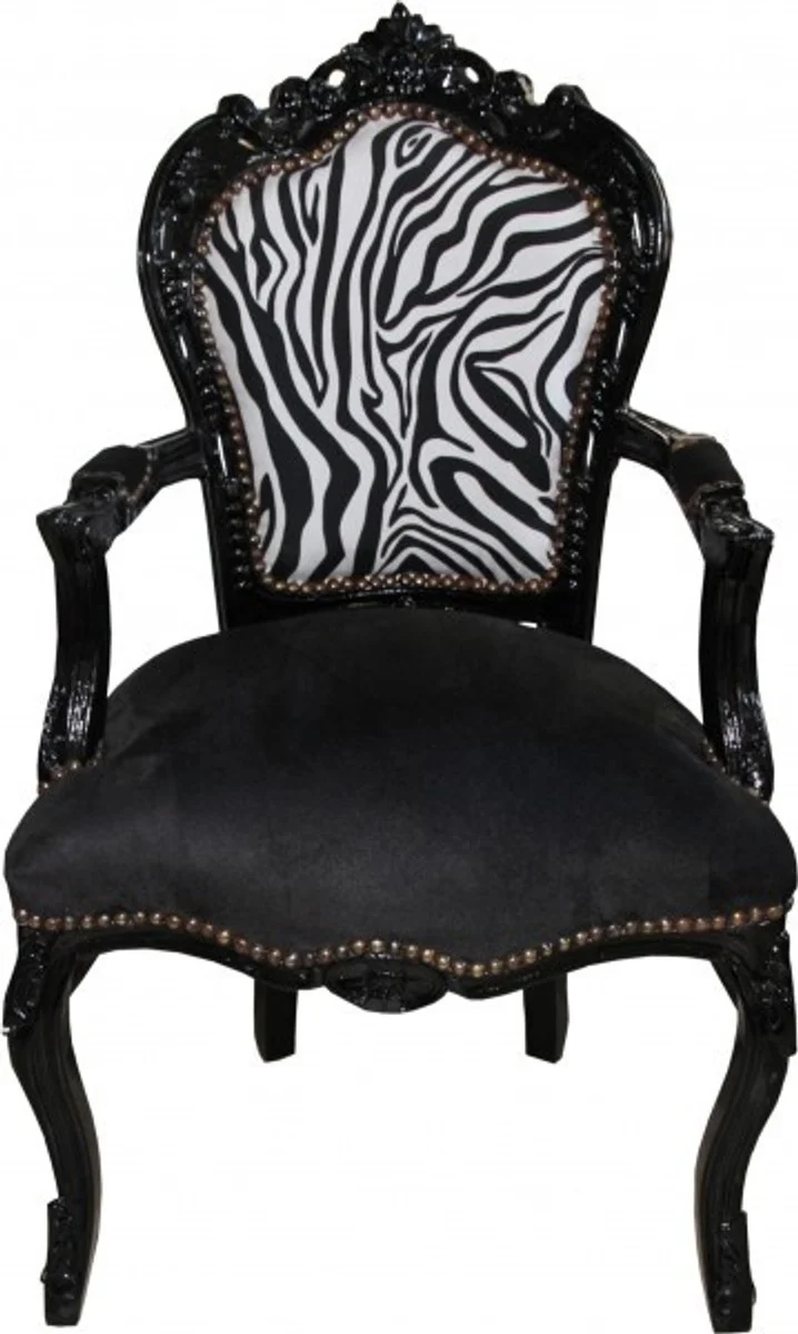 Casa Padrino Barock Esszimmer Stuhl Schwarz / Zebra / Schwarz mit Armlehnen - Möbel Antik Stil