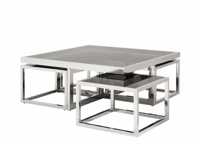 Casa Padrino Luxus Art Deco Designer Couchtisch 5er Set - Rauchglas - Polierter rostfreier Stahl - 100 x 100 x H. 40 cm / 48 x 48 x H. 33 cm