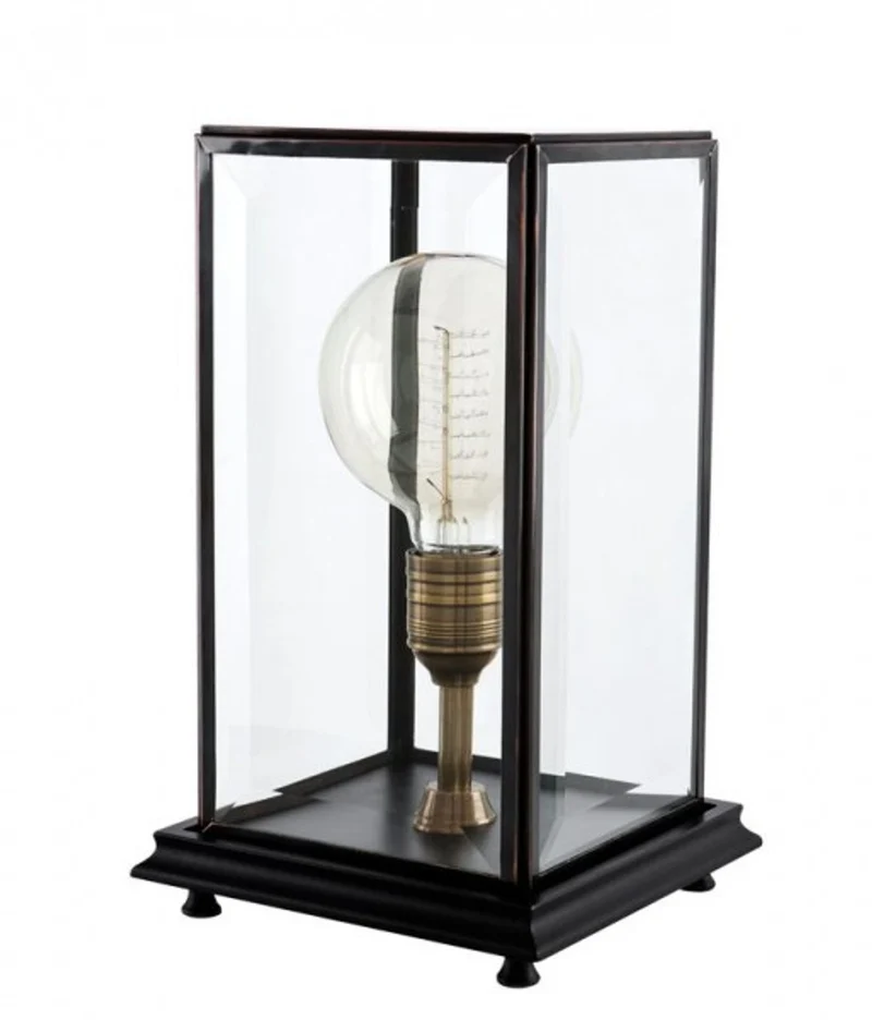 Casa Padrino Luxus Tischleuchte Schwarz - Edle Designer Lampe aus MDF, Glas und Messing - 22,5 x 22,5 x H. 37 cm