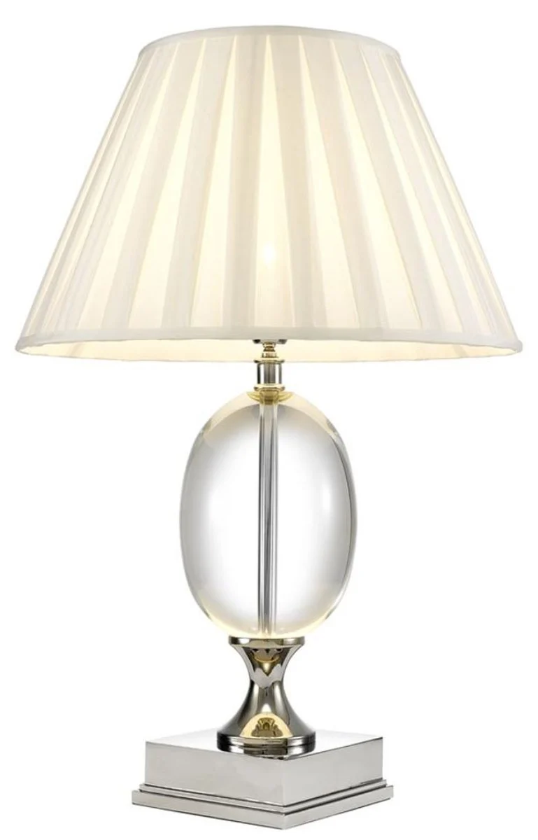 Casa Padrino Designer Tischleuchte in Silber mit Kristallglas und weißem Stoffschirm 17 x 43 x 67 cm