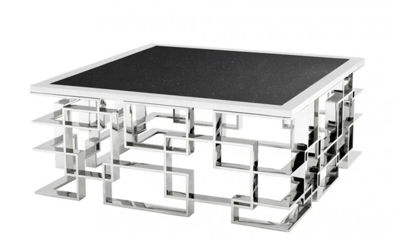 Casa Padrino Art Deco Luxus Couchtisch mit Granitplatte, polierter Edelstahl, 100 x 100 x H. 45 cm