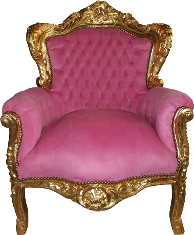 Casa Padrino Barock Sessel King Rosa / Gold, handgefertigter Luxus Sessel aus Massivholz, 120 x 85 x 85 cm