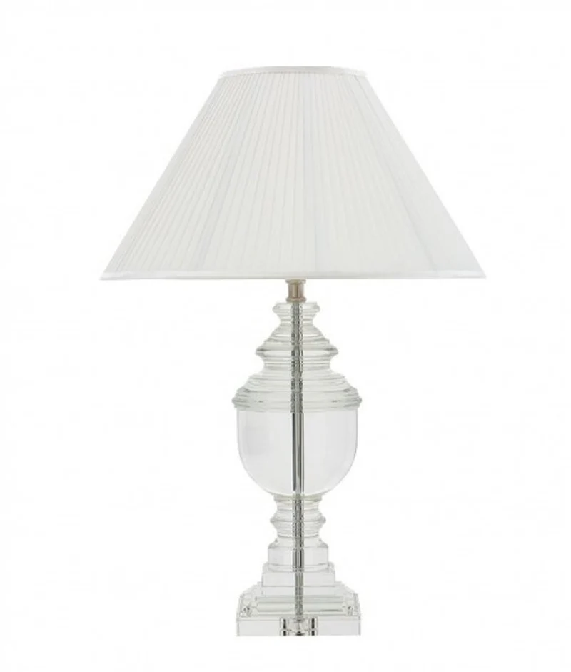Casa Padrino Luxus Tischleuchte in Nickel mit Kristallglas, Weißer Lampenschirm, Durchmesser 18 cm, Höhe 66 cm