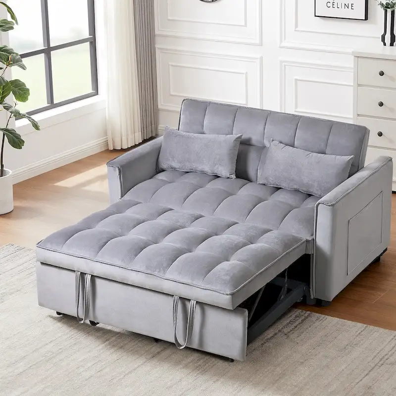 Causeuse futon moderne en velours avec dossier inclinable et poches, 2 places ??Gris foncé / Gris clair / Bleu / Noir