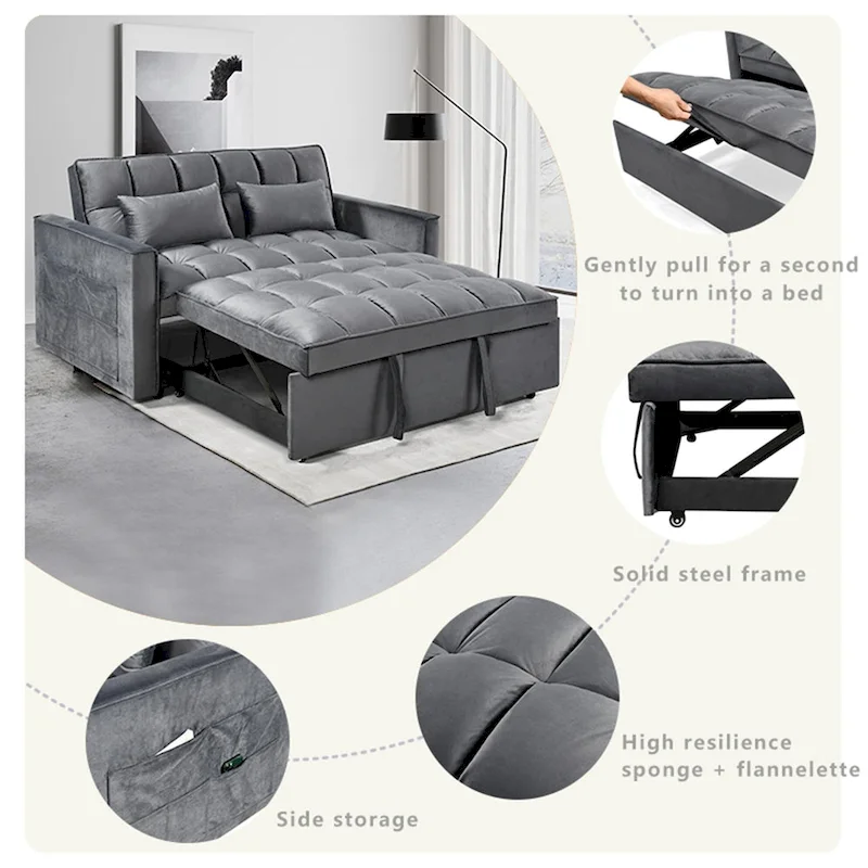 Causeuse futon moderne en velours avec dossier inclinable et poches, 2 places ??Gris foncé / Gris clair / Bleu / Noir