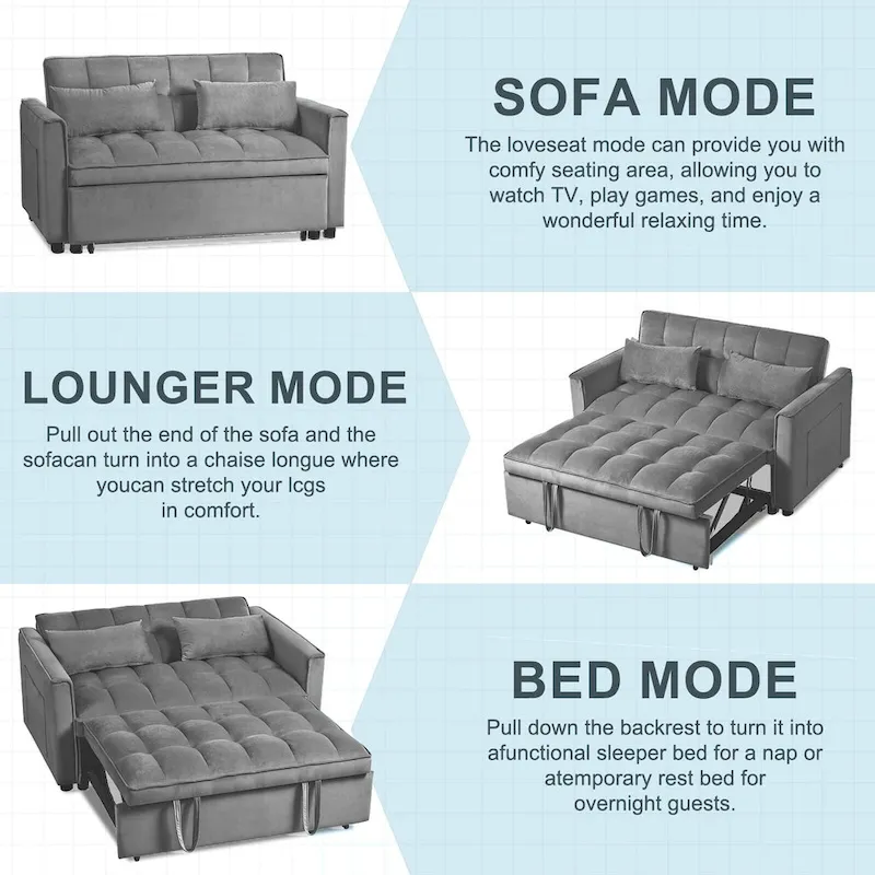 Causeuse futon moderne en velours avec dossier inclinable et poches, 2 places ??Gris foncé / Gris clair / Bleu / Noir