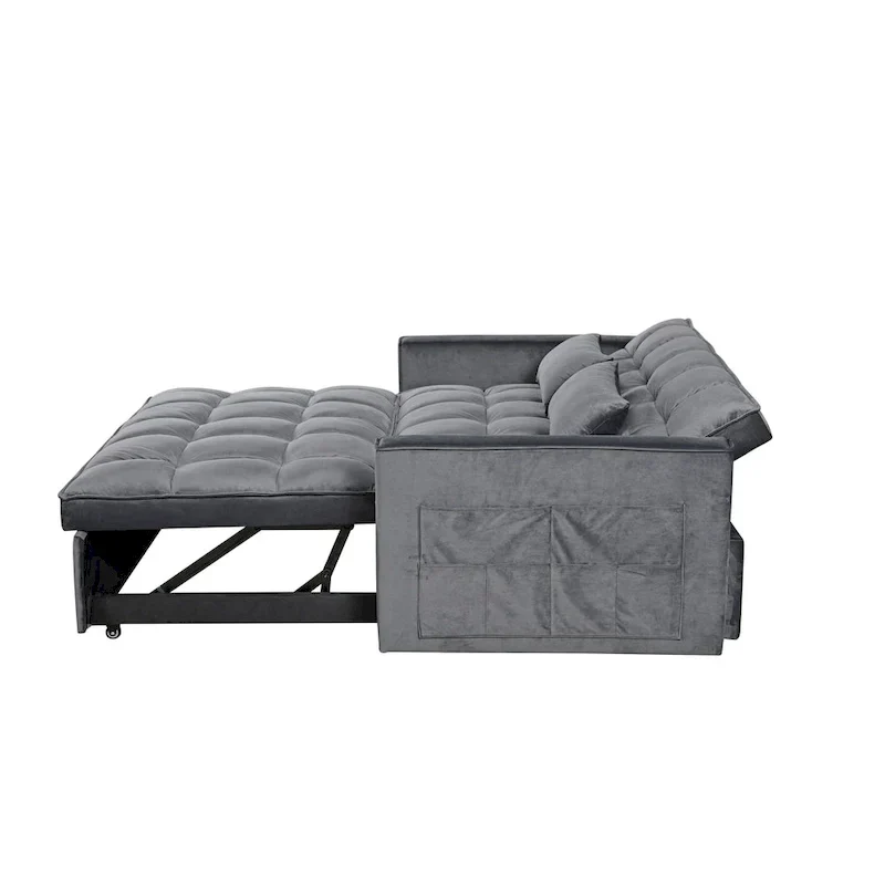 Causeuse futon moderne en velours avec dossier inclinable et poches, 2 places ??Gris foncé / Gris clair / Bleu / Noir
