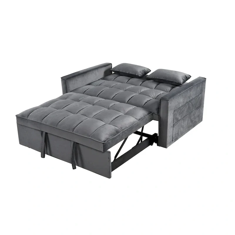 Causeuse futon moderne en velours avec dossier inclinable et poches, 2 places ??Gris foncé / Gris clair / Bleu / Noir