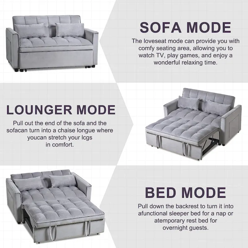 Causeuse futon moderne en velours avec dossier inclinable et poches, 2 places ??Gris foncé / Gris clair / Bleu / Noir