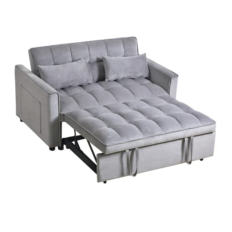 Causeuse futon moderne en velours avec dossier inclinable et poches, 2 places ??Gris foncé / Gris clair / Bleu / Noir