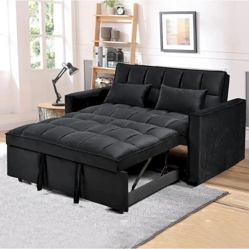 Causeuse futon moderne en velours avec dossier inclinable et poches, 2 places ??Gris foncé / Gris clair / Bleu / Noir