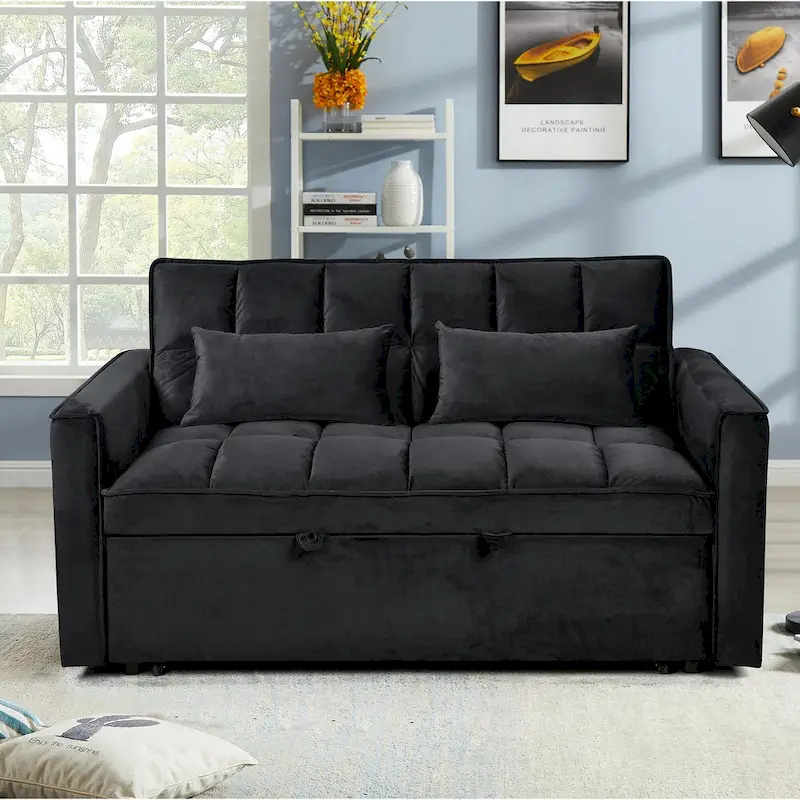 Causeuse futon moderne en velours avec dossier inclinable et poches, 2 places ??Gris foncé / Gris clair / Bleu / Noir