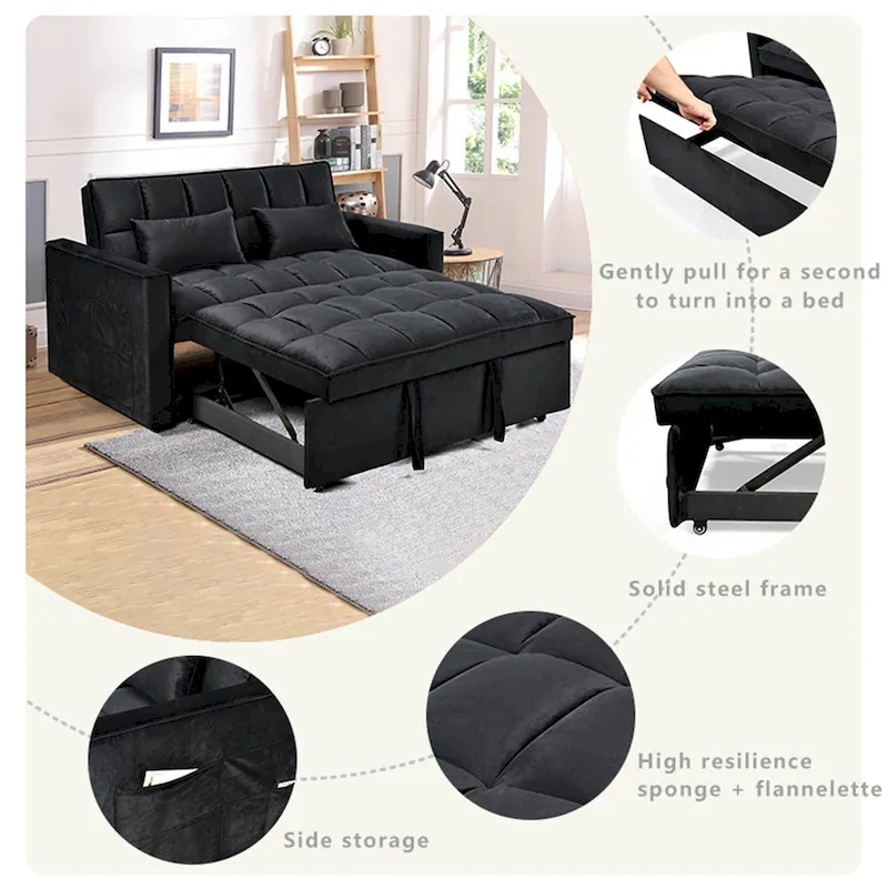 Causeuse futon moderne en velours avec dossier inclinable et poches, 2 places ??Gris foncé / Gris clair / Bleu / Noir