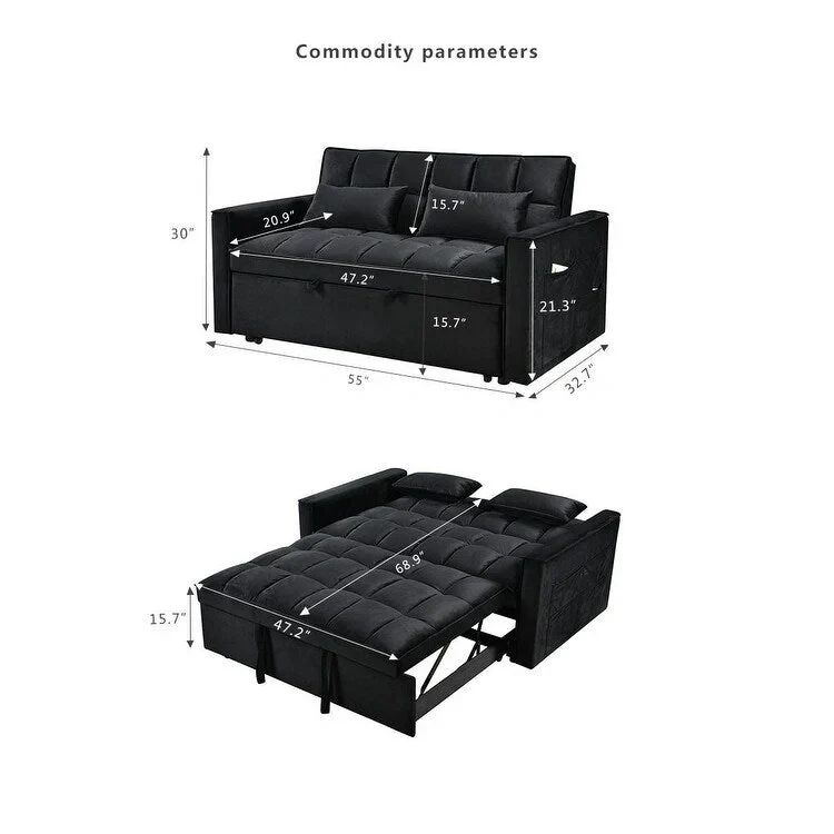 Causeuse futon moderne en velours avec dossier inclinable et poches, 2 places ??Gris foncé / Gris clair / Bleu / Noir