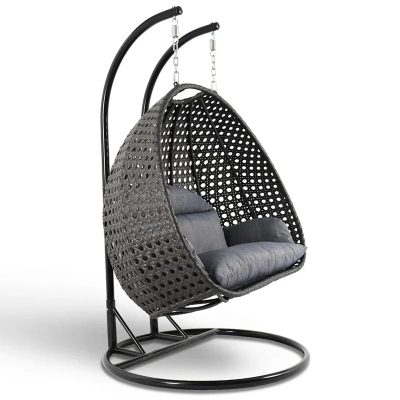 LeisureMod Fauteuil suspendu œuf 2 places avec support - Balançoire / hamac de patio en rotin osier pour extérieur/intérieur avec coussins