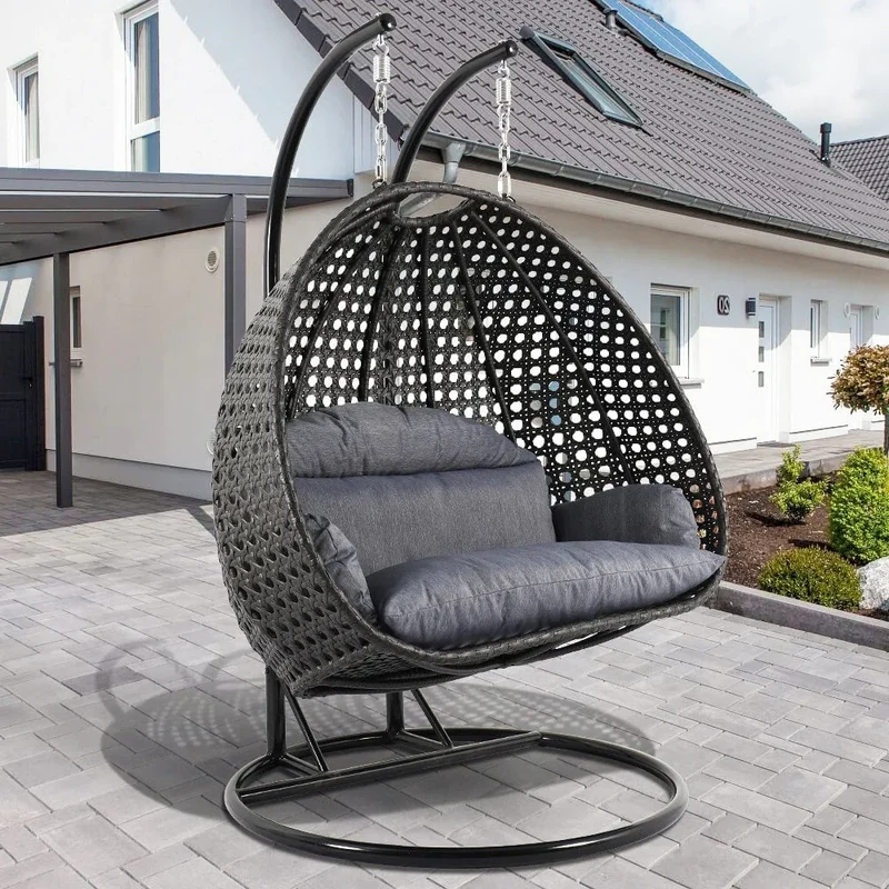 LeisureMod Fauteuil suspendu œuf 2 places avec support - Balançoire / hamac de patio en rotin osier pour extérieur/intérieur avec coussins