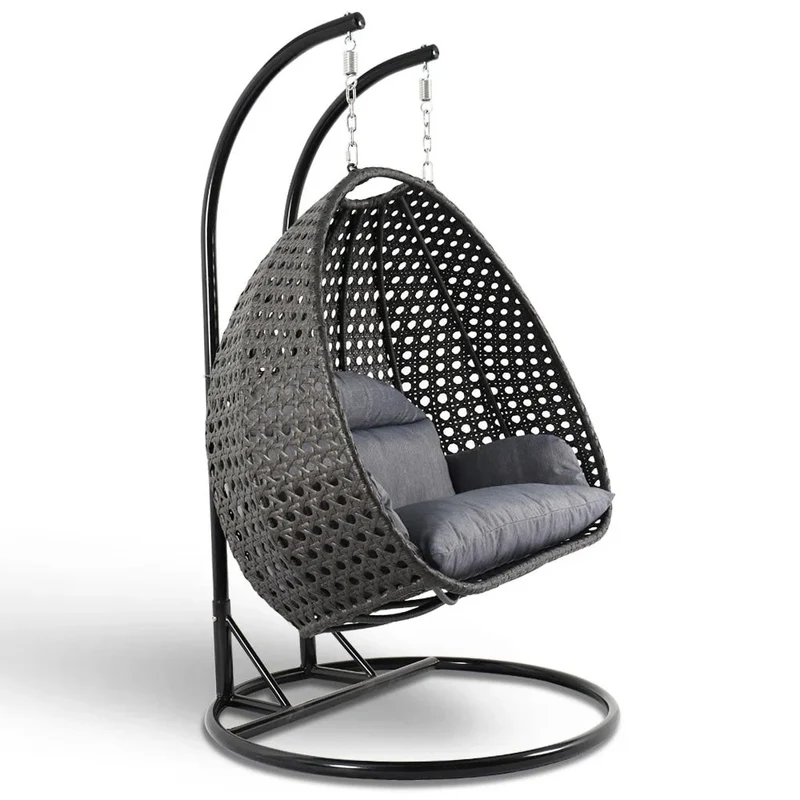 LeisureMod Fauteuil suspendu œuf 2 places avec support - Balançoire / hamac de patio en rotin osier pour extérieur/intérieur avec coussins
