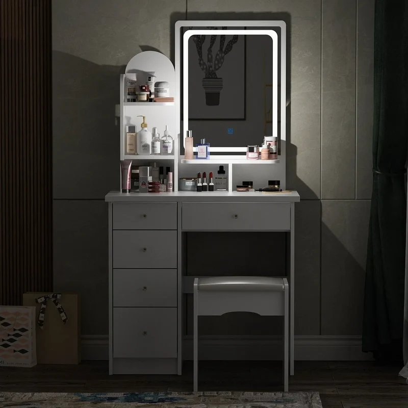 Coiffeuse avec miroir LED intégré et tabouret
