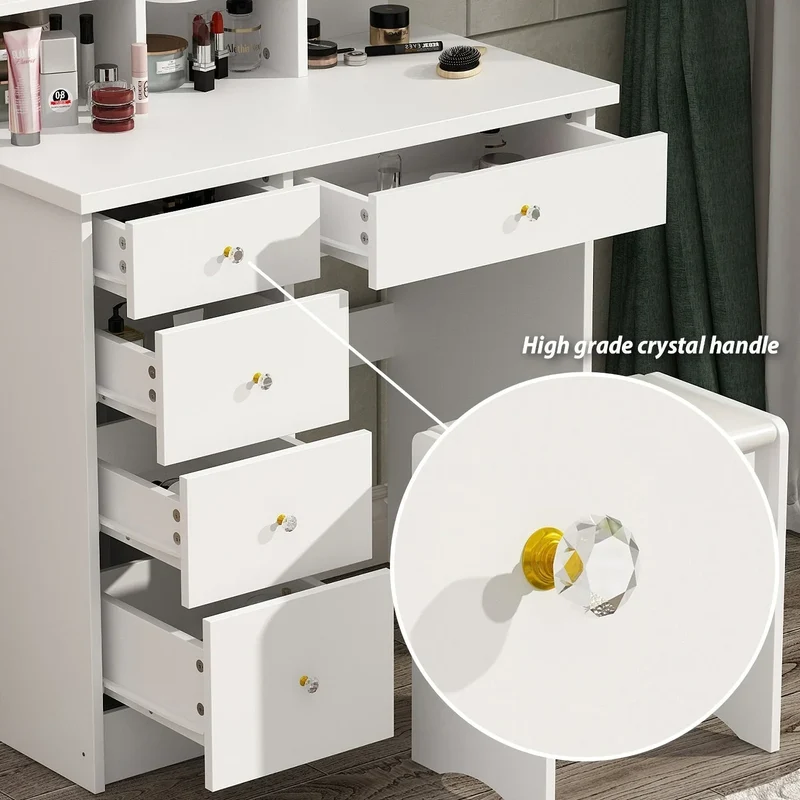 Coiffeuse avec miroir LED intégré et tabouret