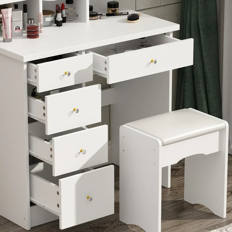 Coiffeuse avec miroir LED intégré et tabouret