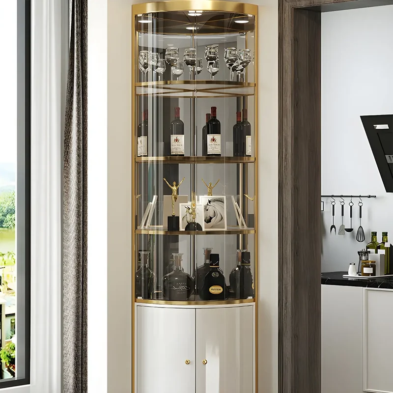 Vitrine d'angle arrondie en métal doré, verre et finition brillante Glam