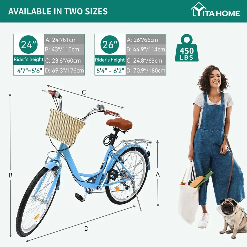Moasis24/26 Vélo Cruiser 7 Vitesses, Vélo à Cadre Bas Ajustable, Vélo de Ville, Bicyclette