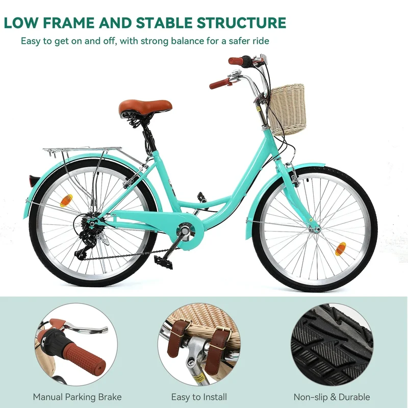 Moasis24/26 Vélo Cruiser 7 Vitesses, Vélo à Cadre Bas Ajustable, Vélo de Ville, Bicyclette