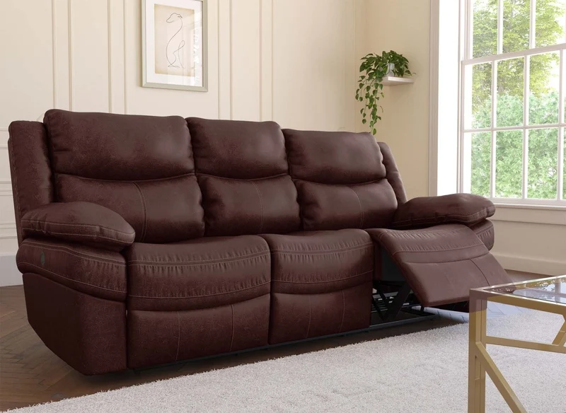 Canapé relax électrique 3 places en tissu microfibre marron ALFRED