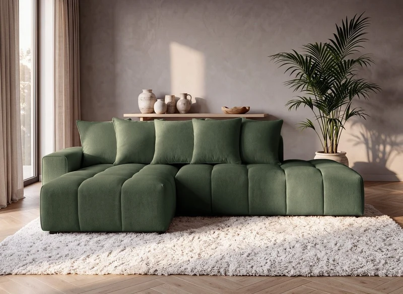 Canapé d'angle en tissu texturé vert olive CLARISSE - Angle gauche