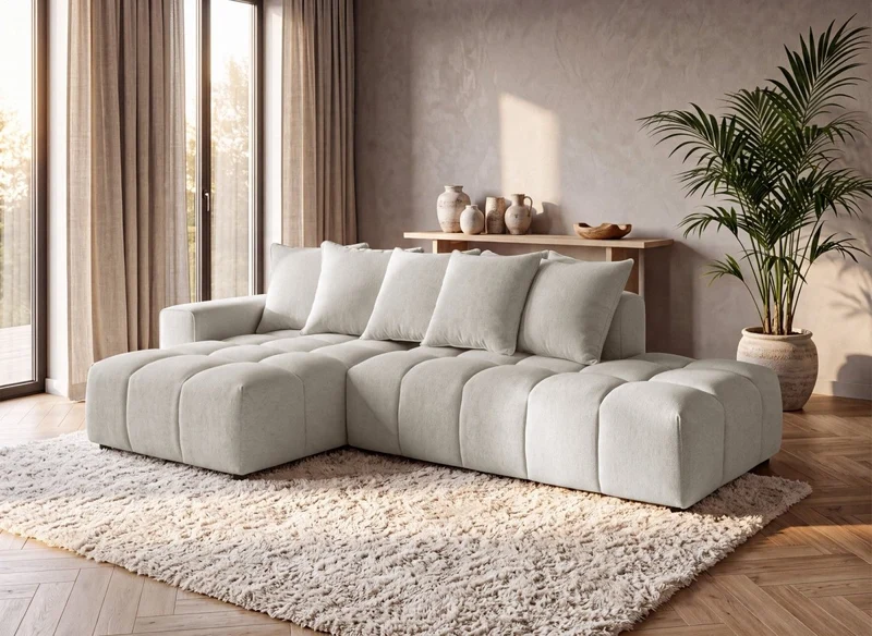 Canapé d'angle en tissu texturé beige CLARISSE - Angle gauche
