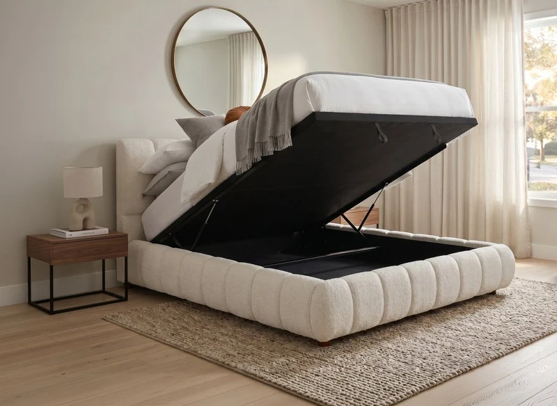 Lit coffre en tissu bouclette beige 160x200 cm RILEY