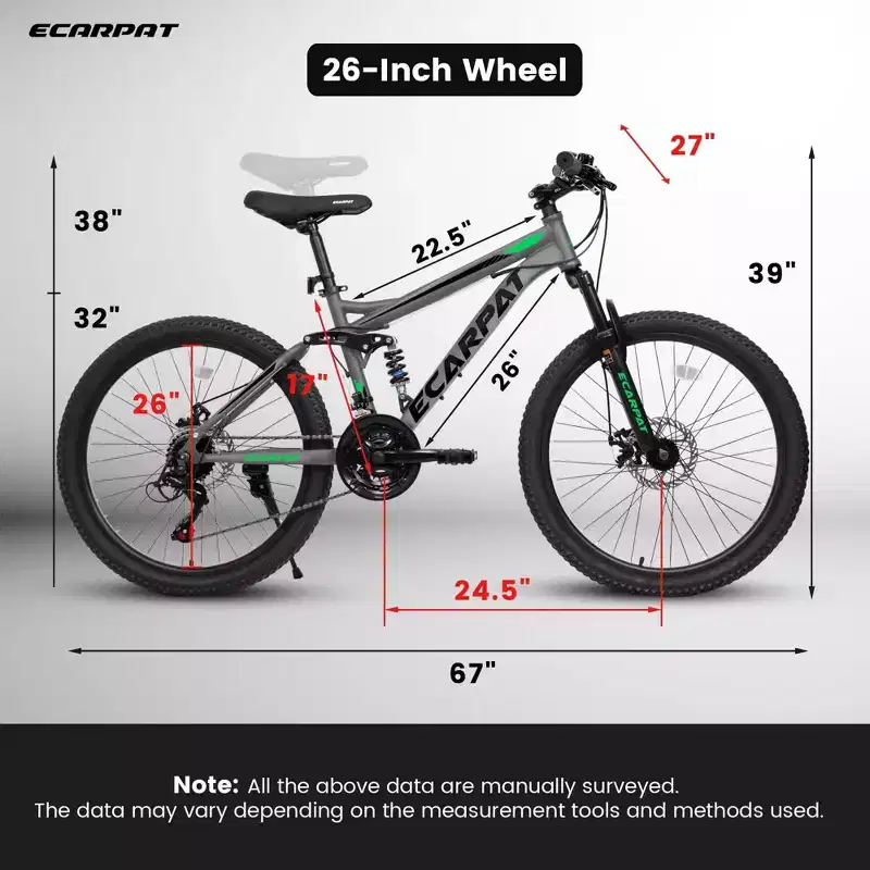 VTT Okak 26 pouces avec freins à disque, vélo adulte 21 vitesses avec cadre durable et double amortissement arrière, vélo pour le cyclisme sur route en ville