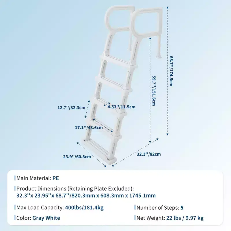 Échelle de piscine robuste à 5 marches avec double main courante Marches antidérapantes en PE résistant Capacité de 180 kg Convient aux piscines enterrées et hors sol de 122 à 137 cm