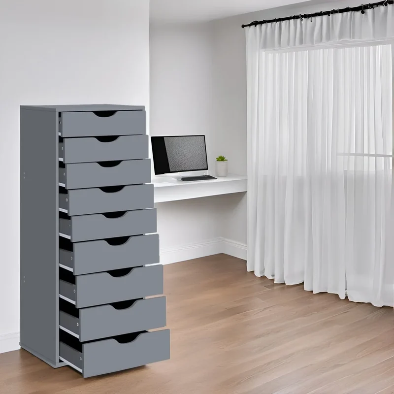 Étroite commode en bois à 9 tiroirs coulissants et étagère de rangement supérieure