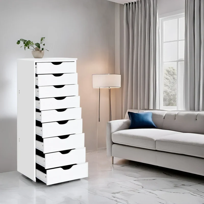 Étroite commode en bois à 9 tiroirs coulissants et étagère de rangement supérieure