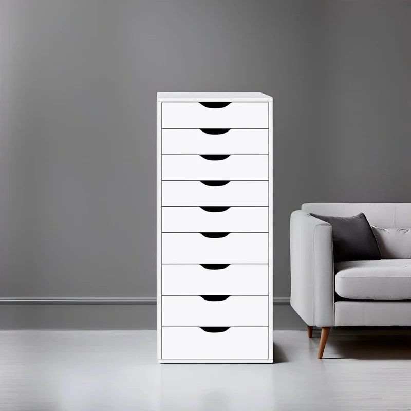 Étroite commode en bois à 9 tiroirs coulissants et étagère de rangement supérieure