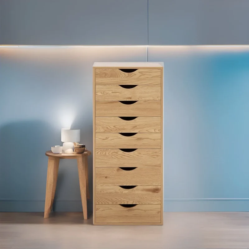 Étroite commode en bois à 9 tiroirs coulissants et étagère de rangement supérieure
