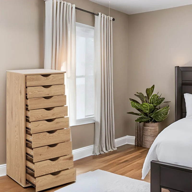 Étroite commode en bois à 9 tiroirs coulissants et étagère de rangement supérieure