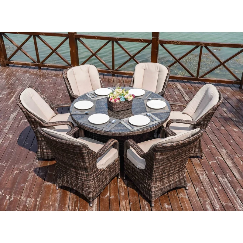 Ensemble de salle à manger rond 7 pièces en rotin tressé d'extérieur avec coussins par Moda Furnishings