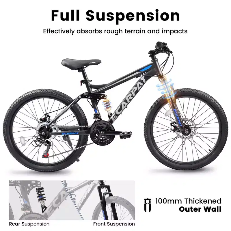 Vélo de montagne Okak 27,5 pouces avec double amortisseur avant et arrière, VTT 21 vitesses avec frein à disque mécanique, vélo adulte pour hommes et femmes