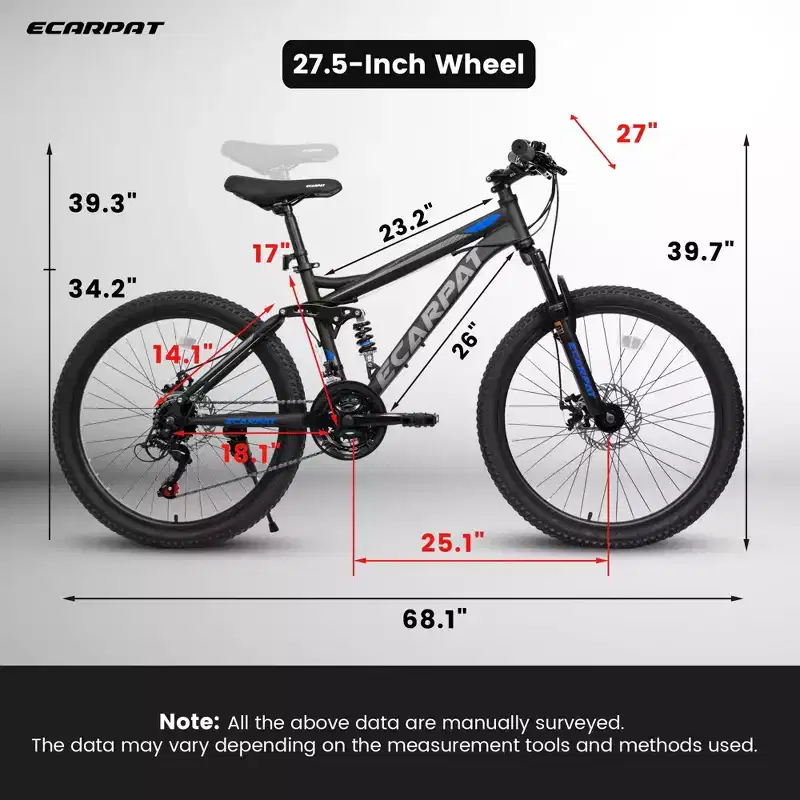 Vélo de montagne Okak 27,5 pouces avec double amortisseur avant et arrière, VTT 21 vitesses avec frein à disque mécanique, vélo adulte pour hommes et femmes