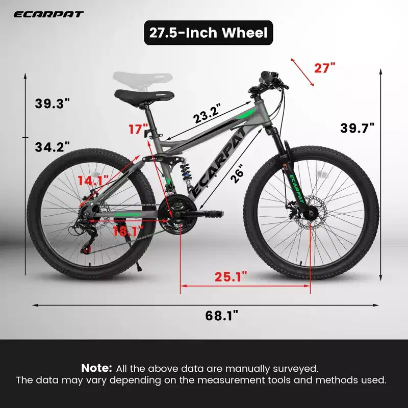 Vélo de montagne Okak 27,5 pouces avec double amortisseur avant et arrière, VTT 21 vitesses avec frein à disque mécanique, vélo adulte pour hommes et femmes