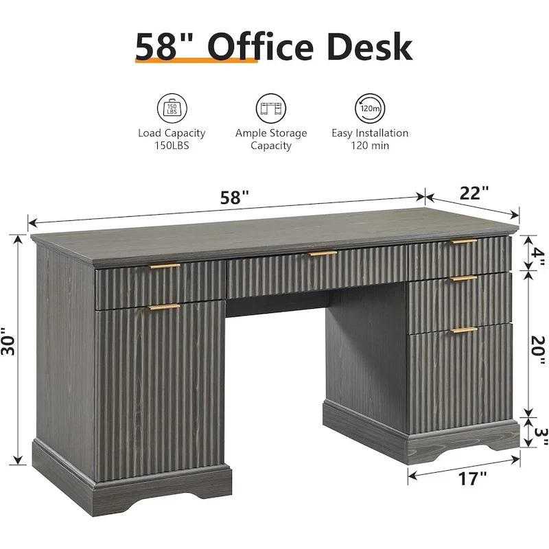 Bureau de direction moderne 58 po avec rangement, bureau d'ordinateur en bois pour domicile/bureau