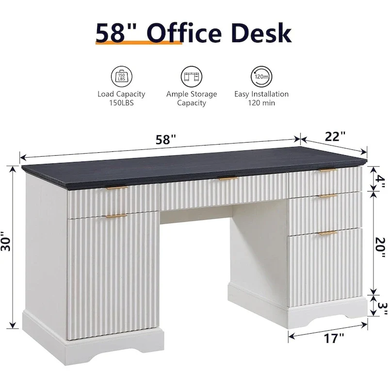 Bureau de direction moderne 58 po avec rangement, bureau d'ordinateur en bois pour domicile/bureau