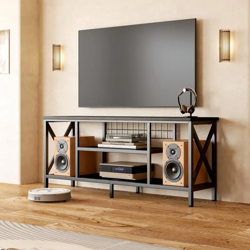 Meuble TV industriel pour téléviseurs de chambre à coucher avec étagères de rangement ouvertes