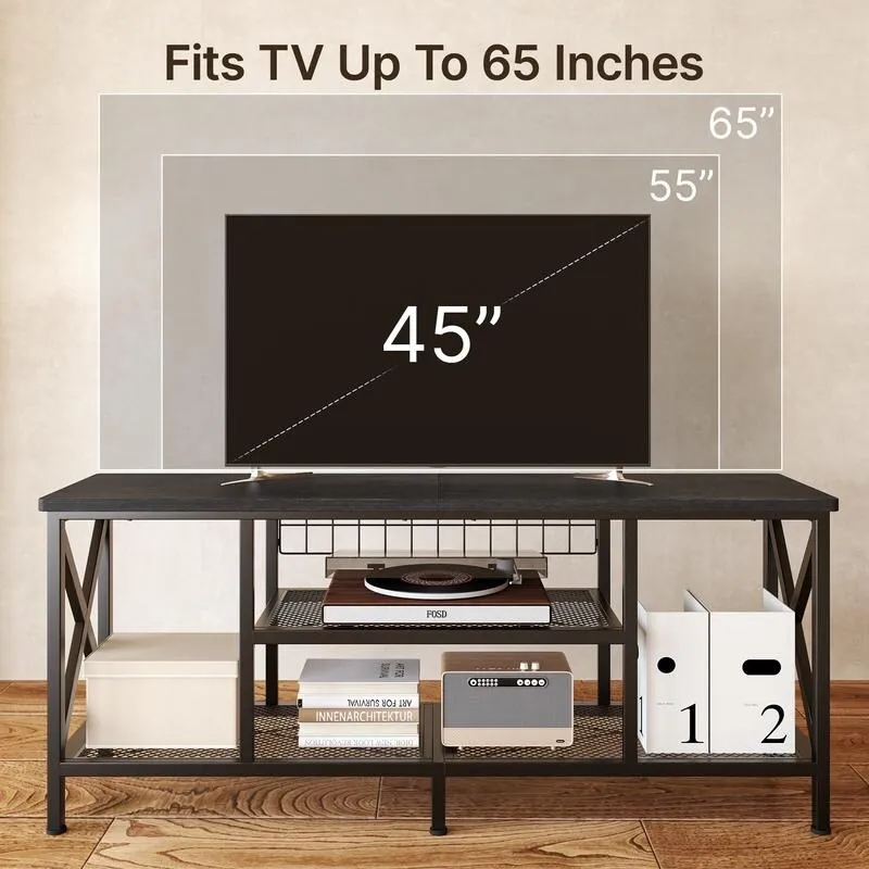 Meuble TV industriel pour téléviseurs de chambre à coucher avec étagères de rangement ouvertes