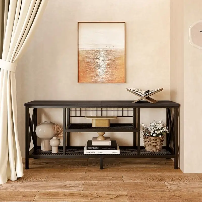 Meuble TV industriel pour téléviseurs de chambre à coucher avec étagères de rangement ouvertes