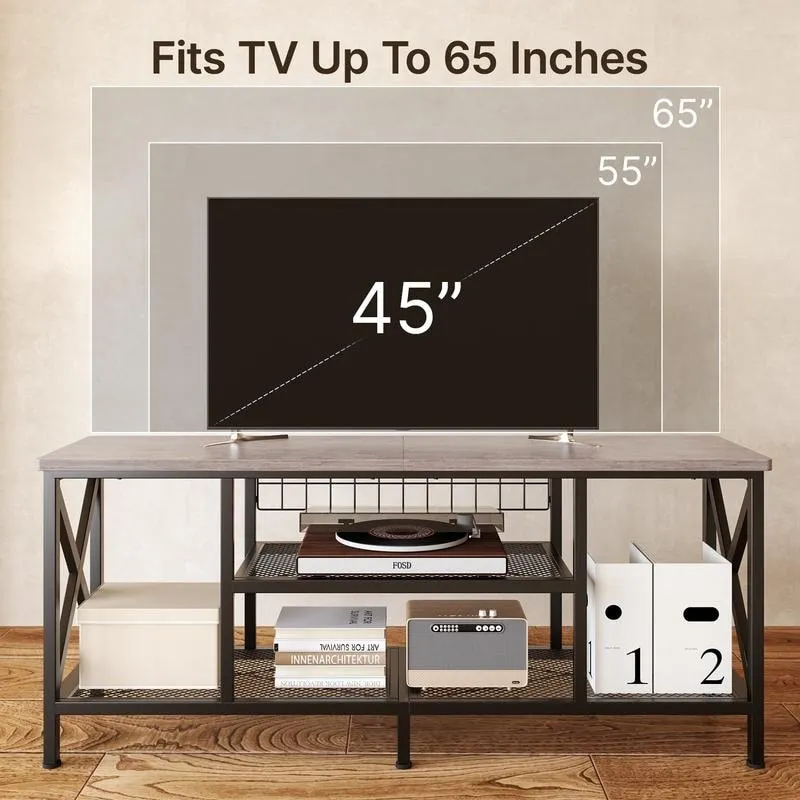 Meuble TV industriel pour téléviseurs de chambre à coucher avec étagères de rangement ouvertes